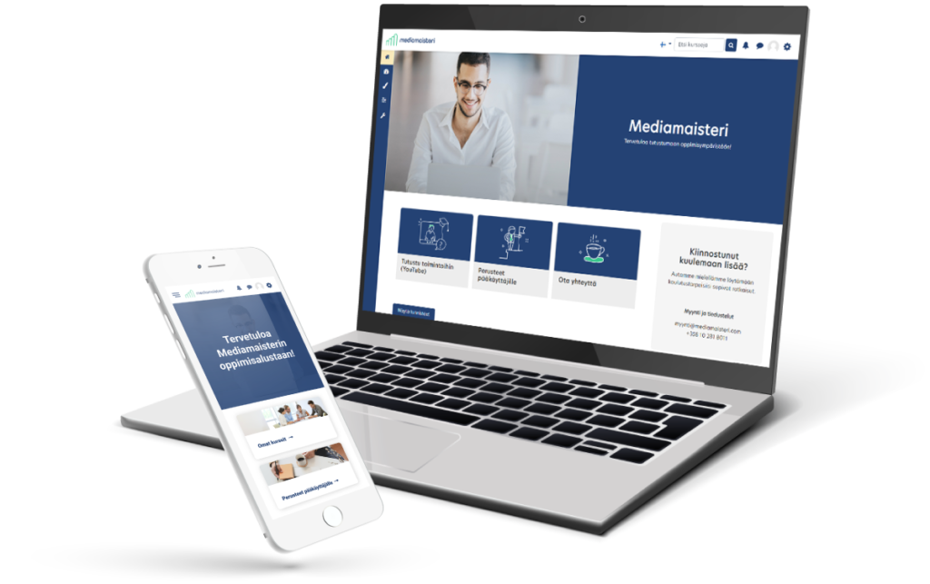 Mobile phone and laptop open, Mediamaisteri's learning platform open.